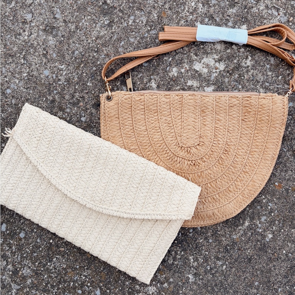 Stylish Tan and Cream Woven Handbag Set